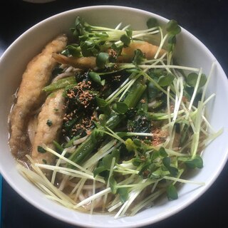 わかさぎのから揚げ、ほうれん草、かいわれのかけ蕎麦